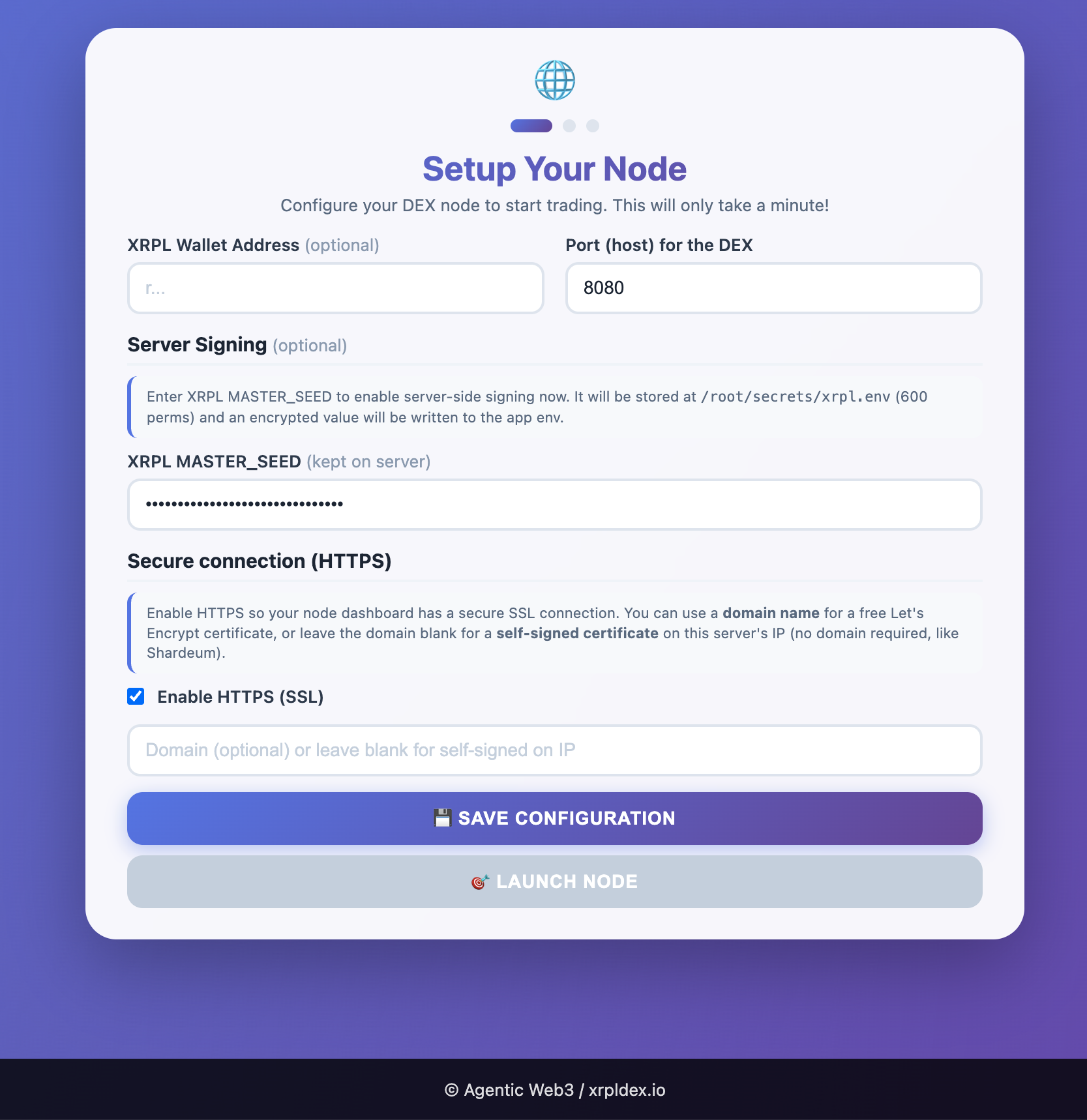 Configuration screen - paste master seed
